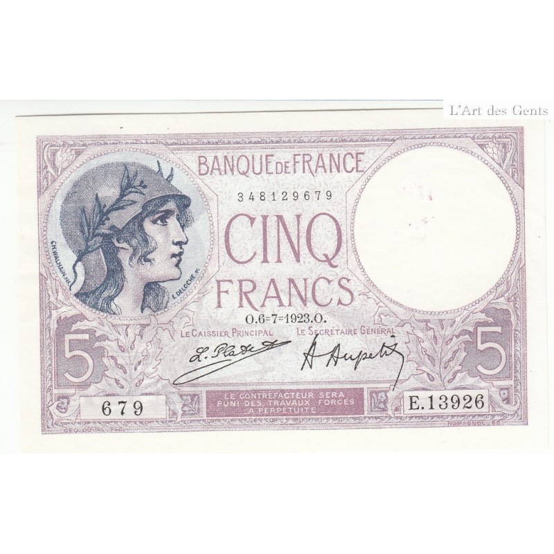 5 FRANCS VIOLET 06.07.1923  SUP+++  Fay 3.7