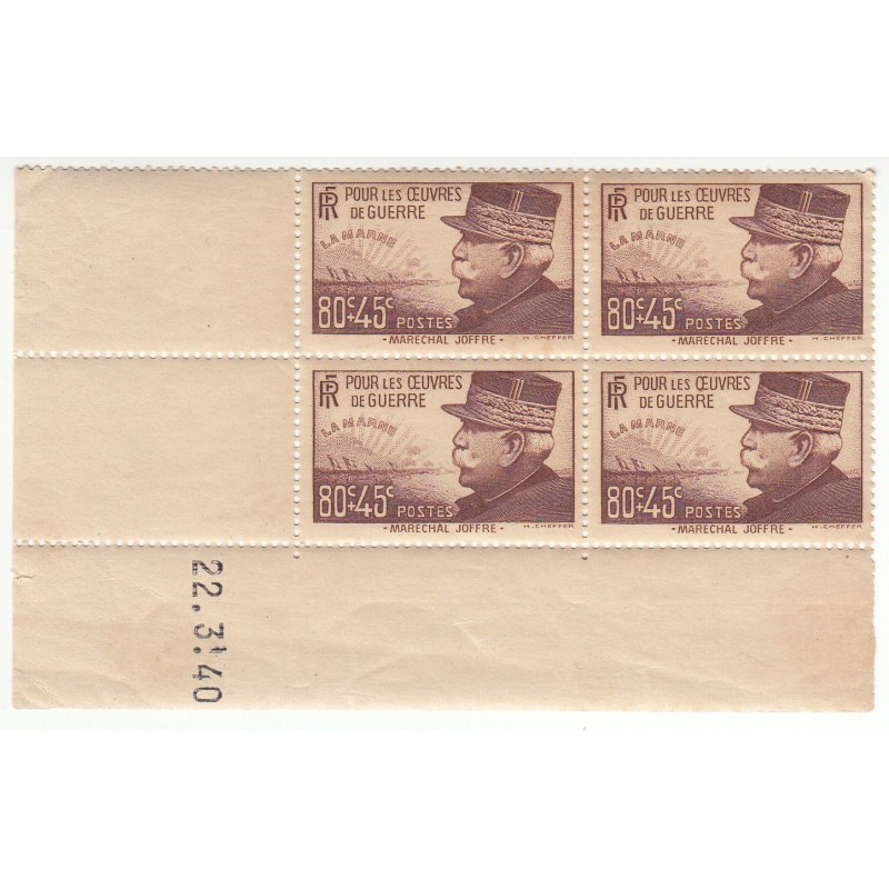 Coin Daté Bloc de 4 timbres N°454  ANNEE 1940 NEUF** Côte 55 Euros