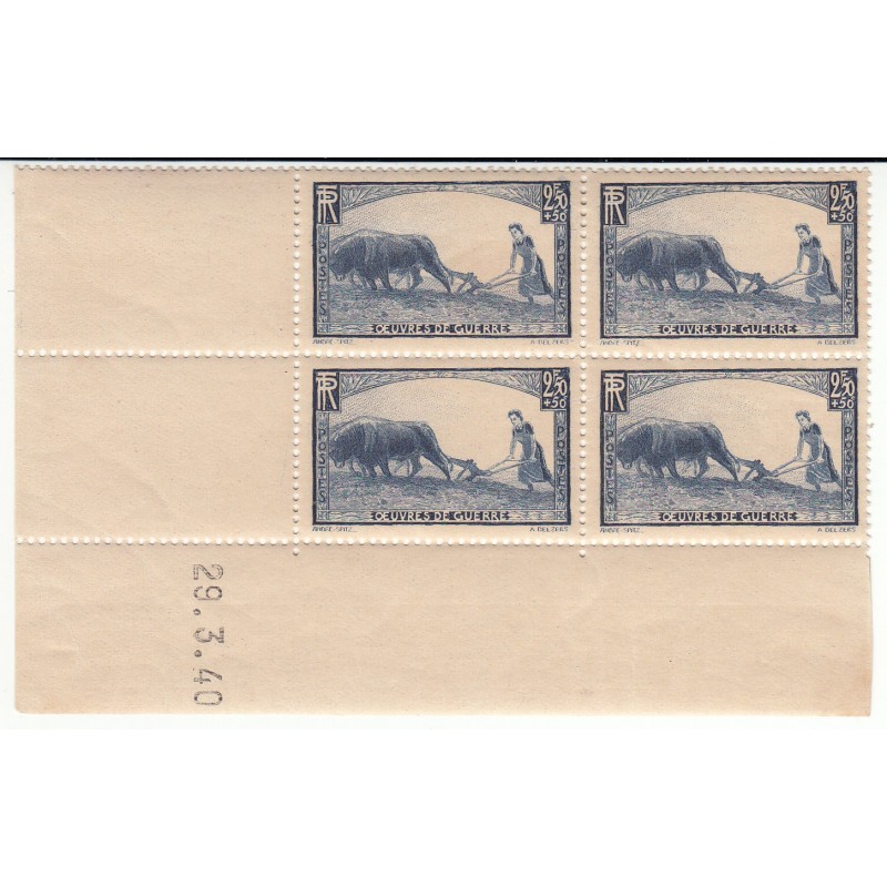 Coin Daté Bloc de 4 timbres N°457  ANNEE 1940 NEUF** Côte 110 Euros