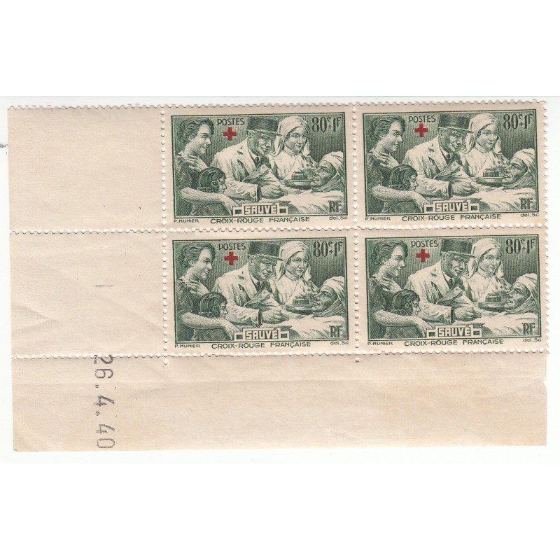 Coin Daté Bloc de 4 timbres N°459  Année 1940 NEUF** Côte 60 Euros