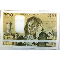 Paire de 500 Francs pascal N° suivie M.301 02-03-1989 SPL