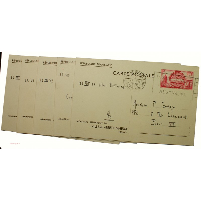 5 entiers postaux Mémorial Australien 1938 22-VII-1938 P2S