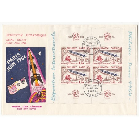 FRANCE - enveloppe 1er jour PHILATEC 1964 - BLOC DE QUATRE TIMBRES OBLITERES - L'art des gents