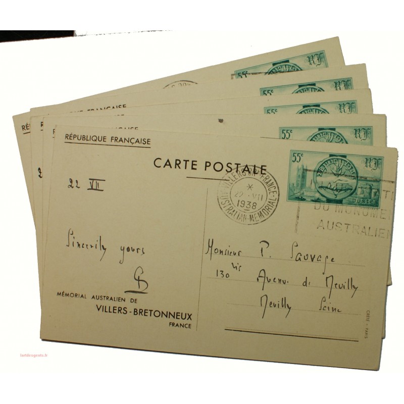 5 entiers postaux Mémorial Australien 1938 22-VII-1938 P1S 55c