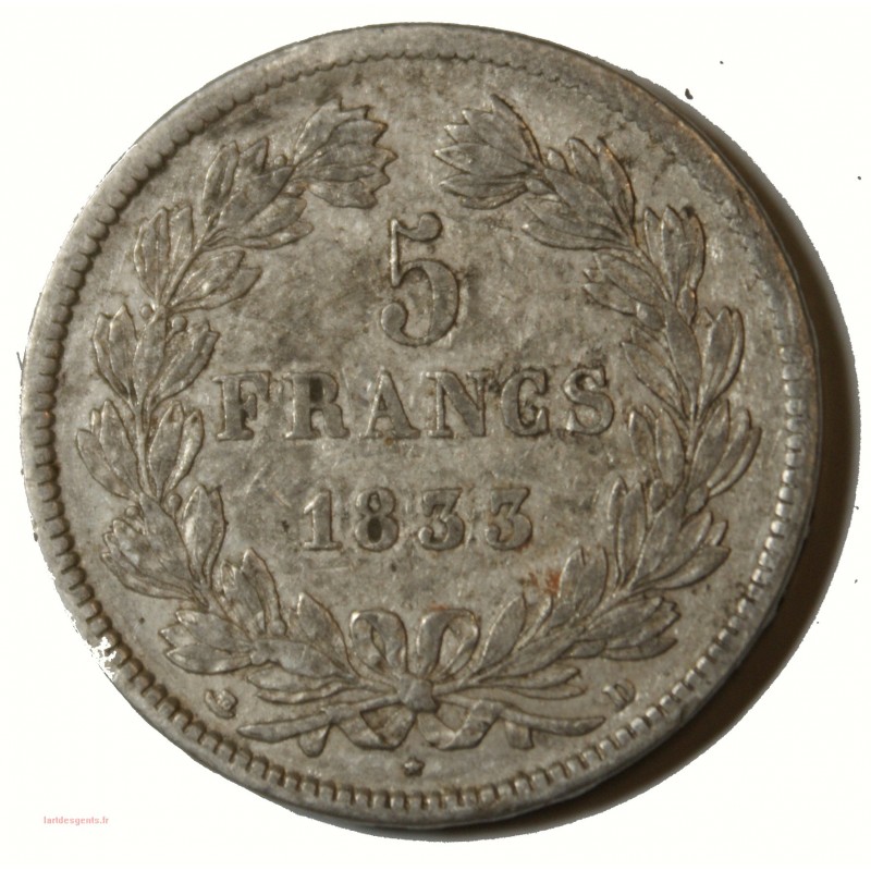 Ecu Louis Philippe Ier - 5 Francs 1833 D Lyon Tranche relief G.678 TB+