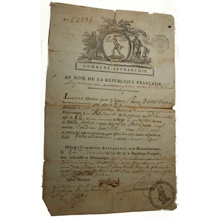 Siège de Lyon Laissez passer, brumaire de l'an II 1793 " Commune Affranchie "