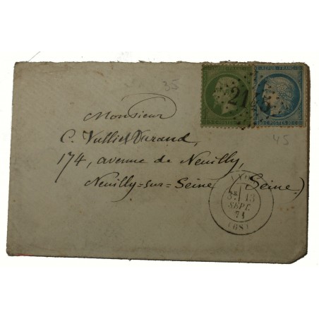 lettre SEPTEMBRE 1871 AVEC N° 20 ET N° 37 LYON (1) GC 2145