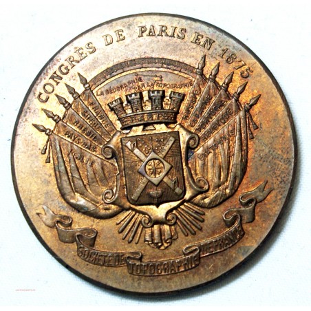 Médaille Congrès de Paris 1875, Topographie de France bronze 35.4grs
