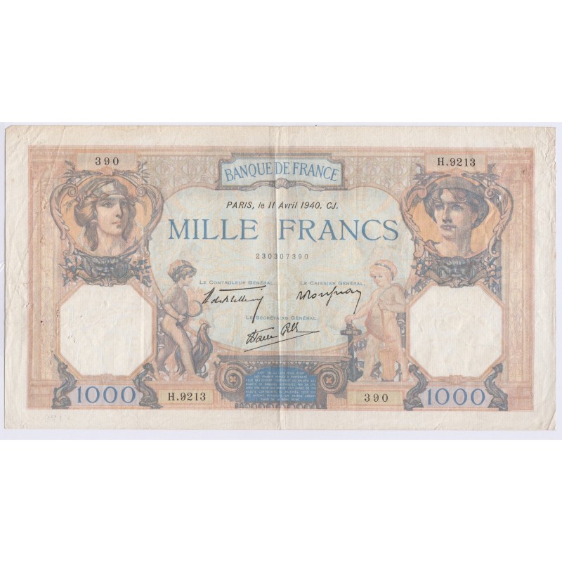 BILLET DE FRANCE CERES ET MERCURE 1000 FRANCS 1940 L'ART DES GENTS
