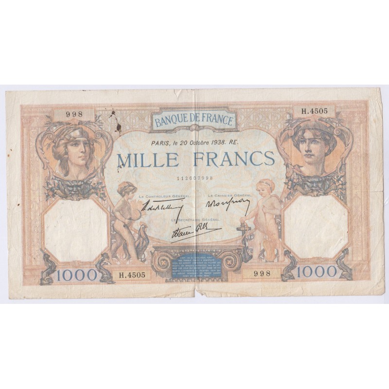 BILLET FRANCE CERES ET MERCURE 1000 FRANCS 1938 L'ART DES GENTS AVIGNON