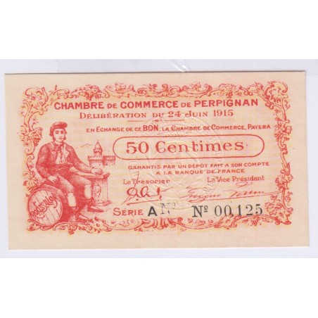BILLET 50 Centimes CHAMBRE DE COMMERCE PERPIGNAN PAPIER EPAIS NEUF 24-06-1915 RARE
