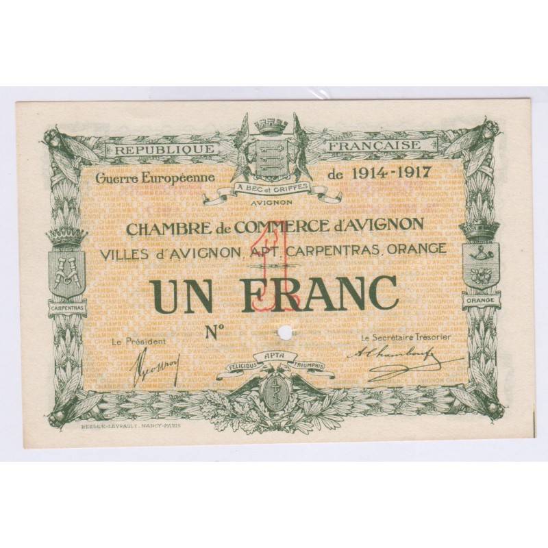 BILLET SPECIMEN 1 FRANC CHAMBRE DE COMMERCE AVIGNON  NEUF 1914-1917