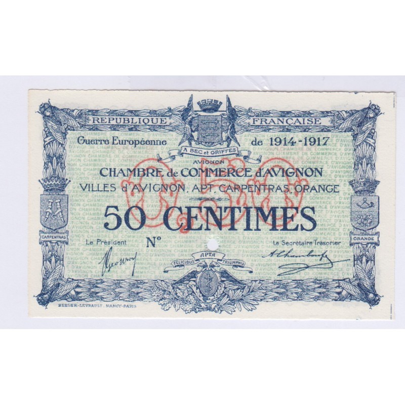 BILLET SPECIMEN 50 Centimes CHAMBRE DE COMMERCE AVIGNON  NEUF 1914-1917