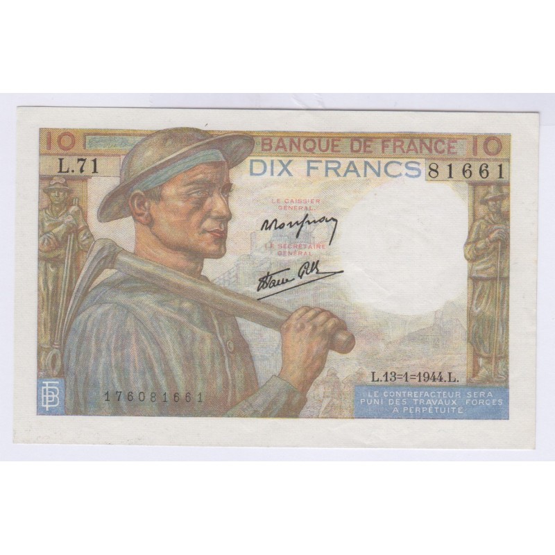 BILLET FRANCE 10 FRANCS MINEUR 13-1-1944 SPL L'ART DES GENTS