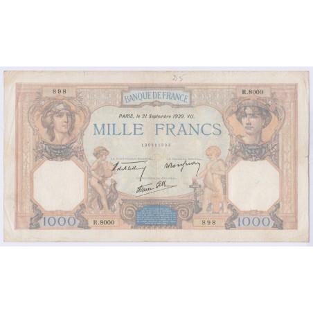 BILLET FRANCE CERES ET MERCURE 1000 FRANCS 21-09-1939 L'ART DES GENTS AVIGNON