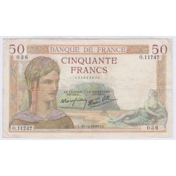 BILLET FRANCE 50 FRANCS CERES 21-12-1939 L'ART DES GENTS AVIGNON