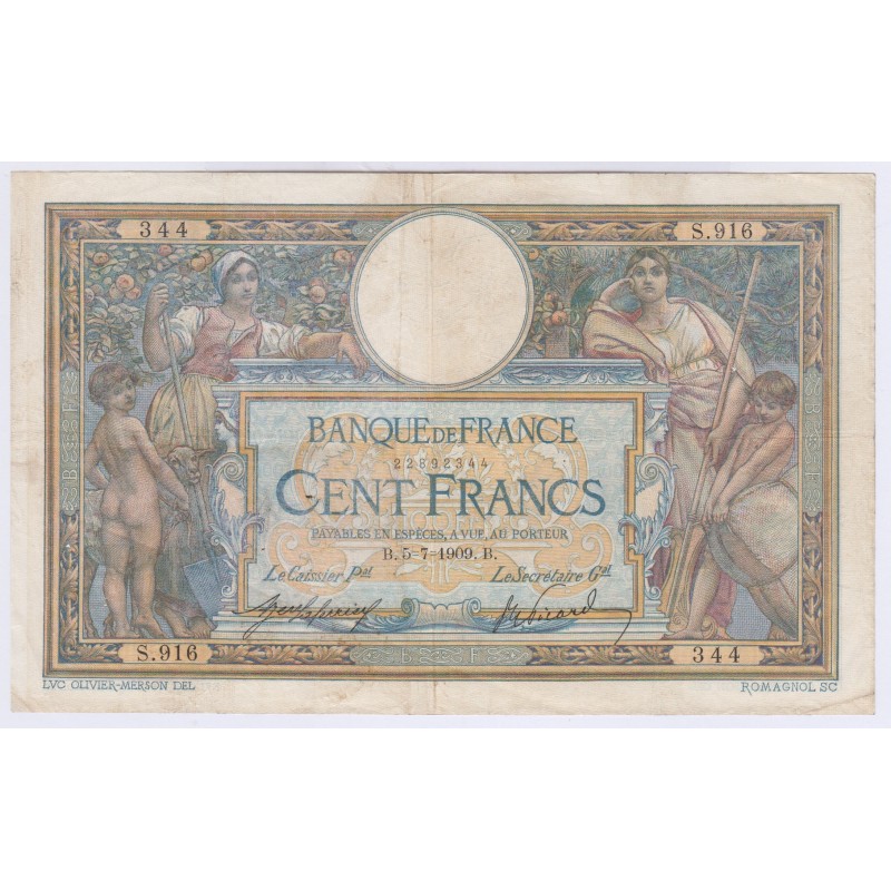 BILLET FRANCE 100 FRANCS LOM 05-07-1909 TB+ L'ART DES GENTS AVIGNON