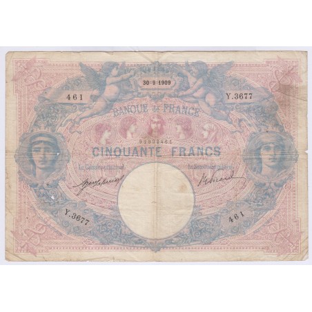 BILLET FRANCE 50 FRANCS BLEU ET ROSE 30-09-1909 Cote 100 Euros  L'ART DES GENTS AVIGNON