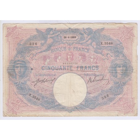 BILLET FRANCE 50 FRANCS BLEU ET ROSE 28-04-1909 Cote 100 Euros  L'ART DES GENTS AVIGNON