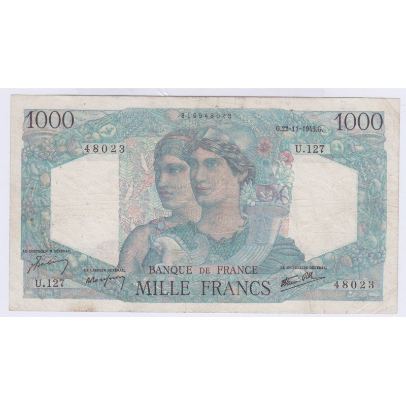 BILLET FRANCE 1000 FRANCS MINERVE ET HERCULE 22-11-1945 L'ART DES GENTS AVIGNON