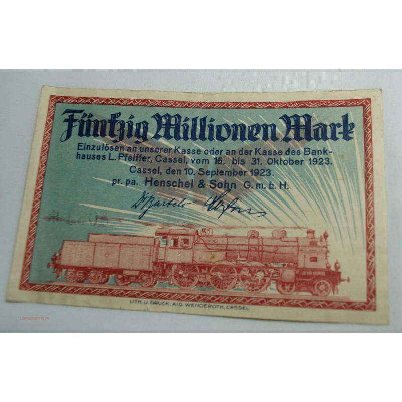 NOTGELD CASSEL 50 MILLION MARK 1923 Henschel & Sohn (train)