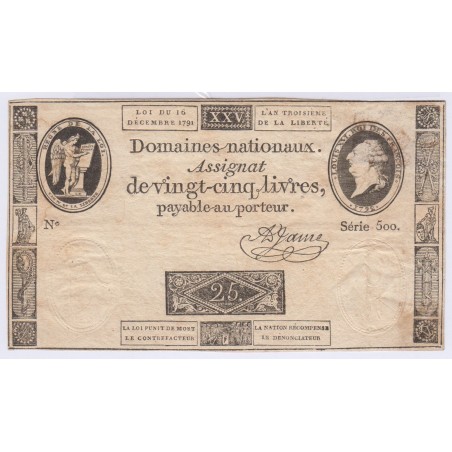 FRANCE ASSIGNAT A PORTRAIT 25 livres 1791 B+ l' Art Des Gents  Numismatique Avignon