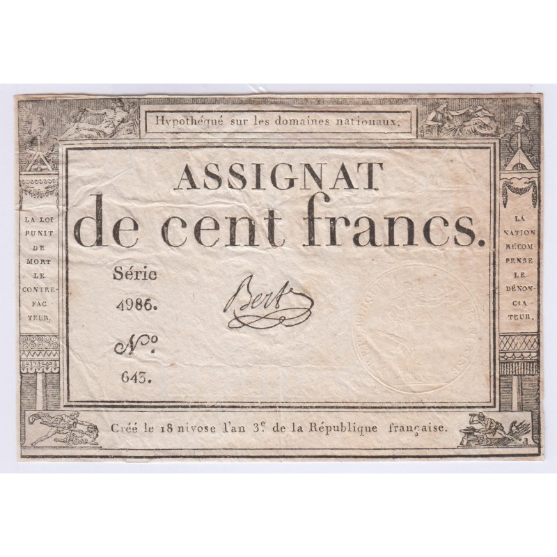 FRANCE ASSIGNAT 100 FRANCS 18 NIVOSE AN 3 l' Art Des Gents  Numismatique