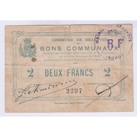 BONS COMMUNAUX COMMUNE DE BEAUVOIS 2 FRANCS 1914 L'ART DES GENTS AVIGNON