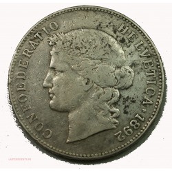 SUISSE - 5 FRANCS 1892 HELVETIA, lartdesgent numismatique