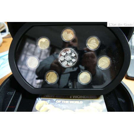 Coffret luxe bois 7 merveilles du monde 8 monnaies en or et argent plaqués