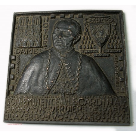 Rare Médaille plaque carré uniface Cardinal Verdier Notre Dame Paris 1939