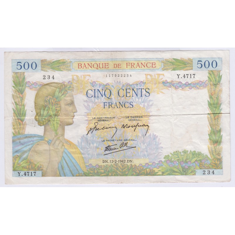 BILLET FRANCE 500 FRANCS LA PAIX 12-02-1942 L'ART DES GENTS AVIGNON