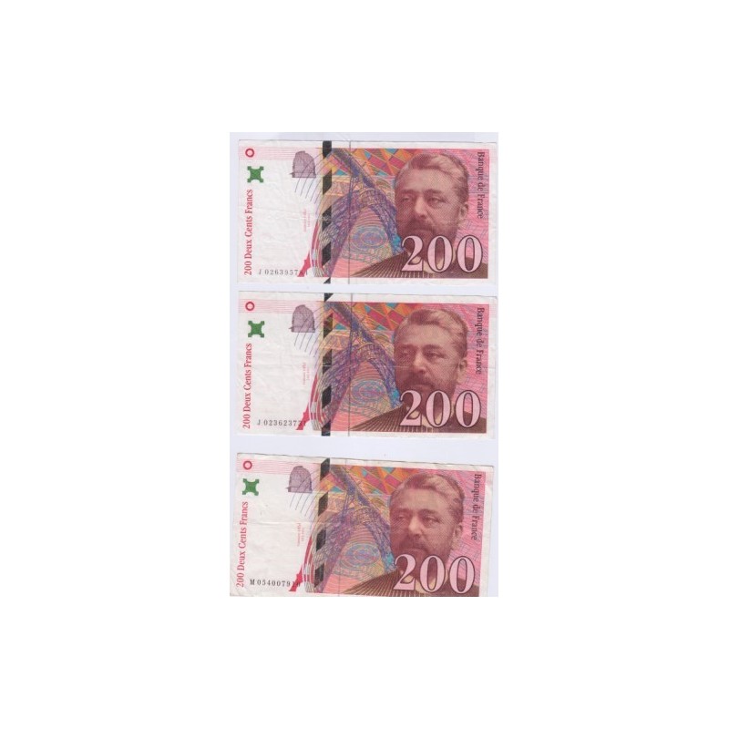 LOT DE 3 BILLETS BRANCE 200 Francs EIFFEL L'ART DES GENTS NUMISMATIQUE AVIGNON