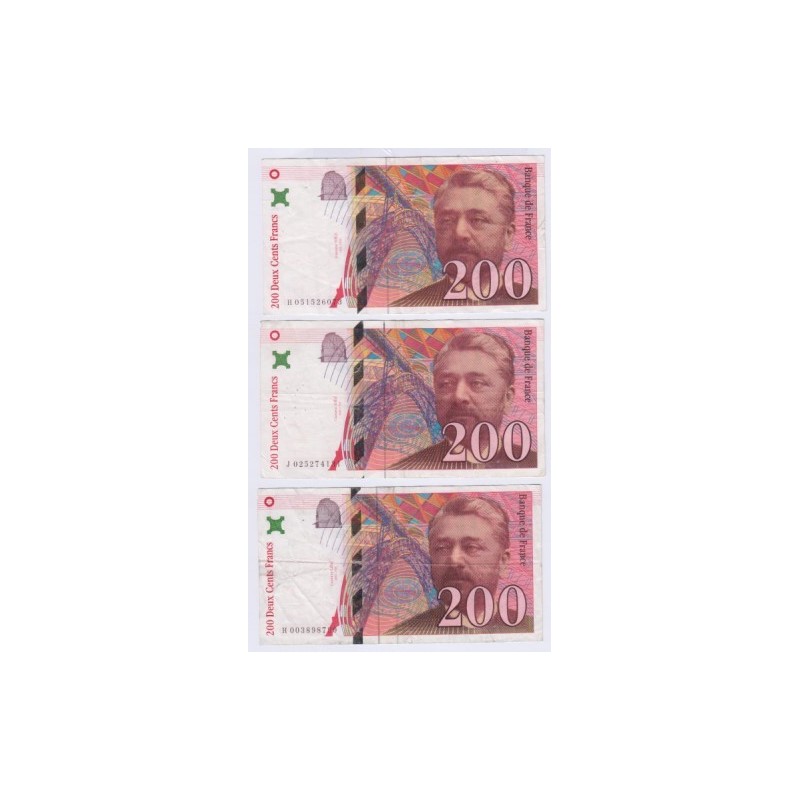 LOT DE 3 BILLETS BRANCE 200 Francs EIFFEL L'ART DES GENTS NUMISMATIQUE AVIGNON
