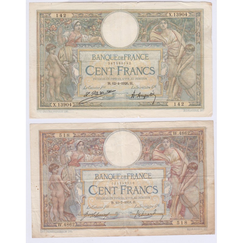 LOT DE 2 BILLETS FRANCE 100 FRANCS LOM 1918 et 1926 L'ART DES GENTS AVIGNON