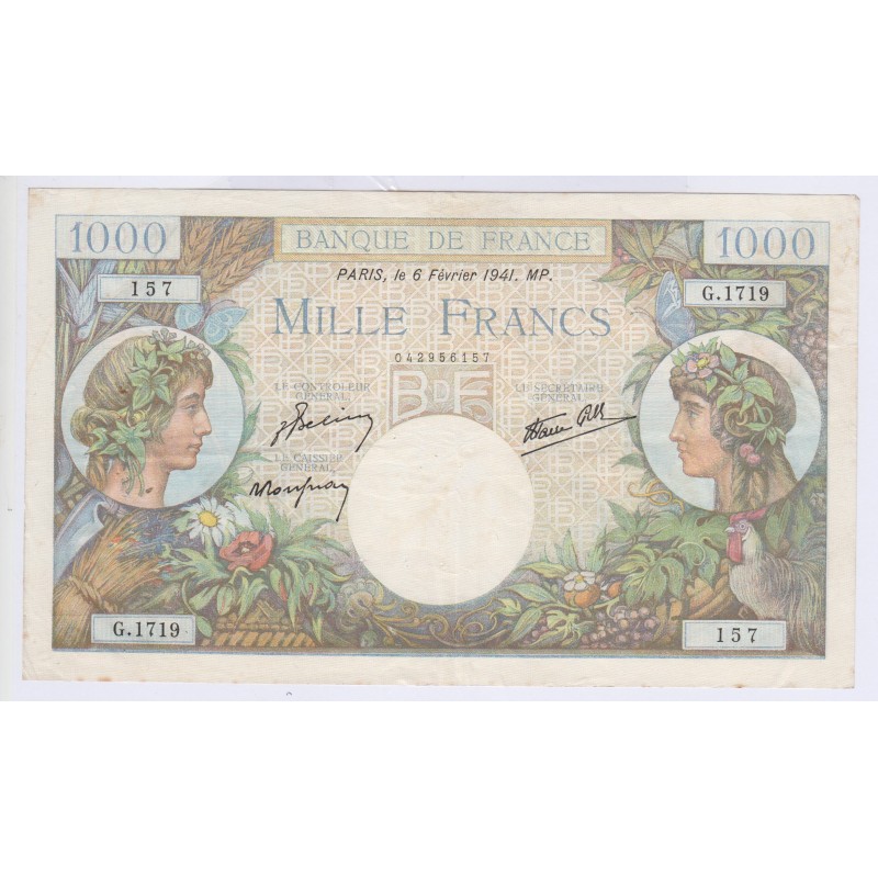 BILLET FRANCE  1000 FRANCS COMMERCE ET INDUSTRIE 06-02-1941 TTB  L'art des gents  Numismatique Avignon