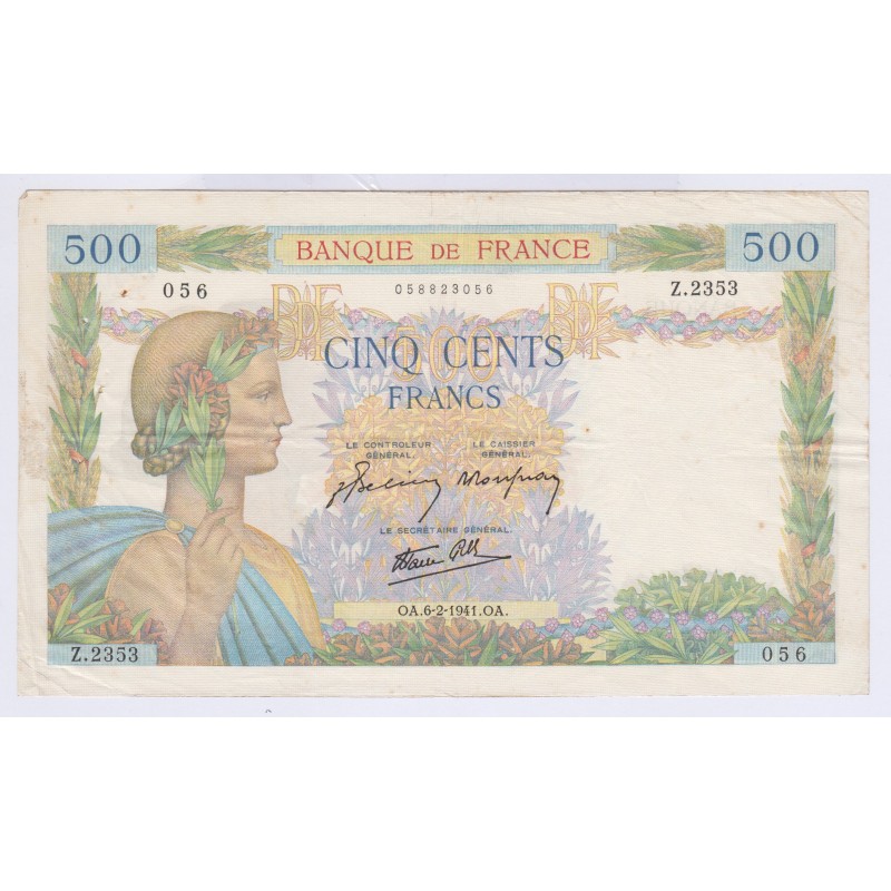 BILLET FRANCE 500 FRANCS LA PAIX 06-02-1941  L'art des gents  Numismatique Avignon