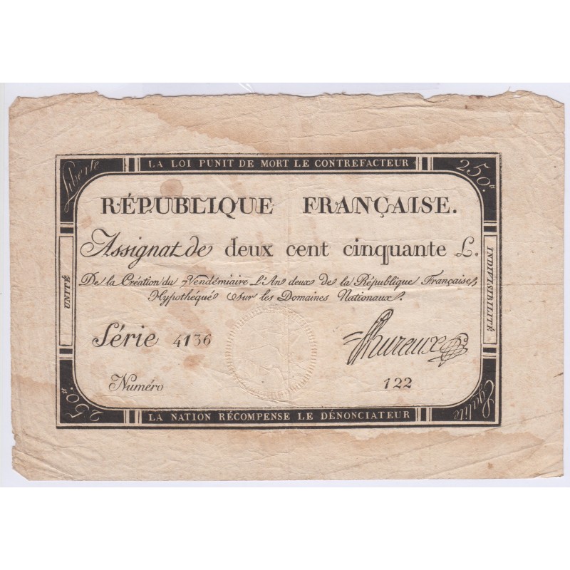 BILLET FRANCE Assignat 250 Livres  AN 2 1785 L'art des gents  Numismatique Avignon