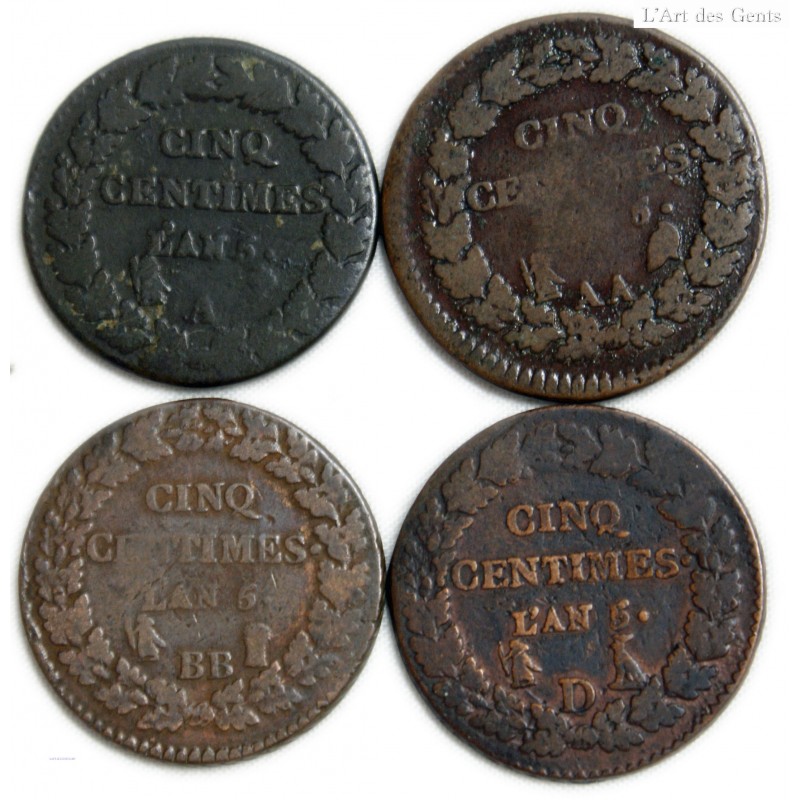 lot de 5 centimes DUPRE an  5 A, AA, BB, I, D, R, W et rare An 6BB