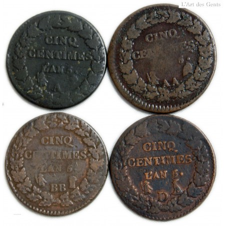 lot de 5 centimes DUPRE an  5 A, AA, BB, I, D, R, W et rare An 6BB