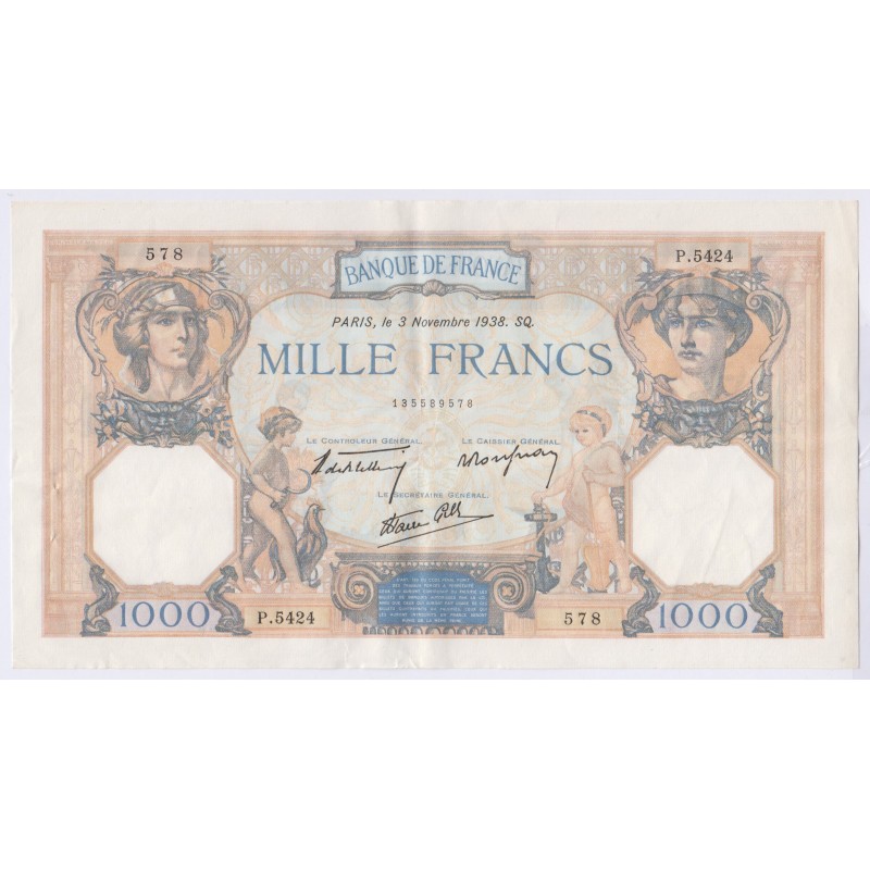 Billet 1000 Francs Cérès et Mercure 3-11-1938 TTB+ L'ART DES GENTS Numismatique Avignon