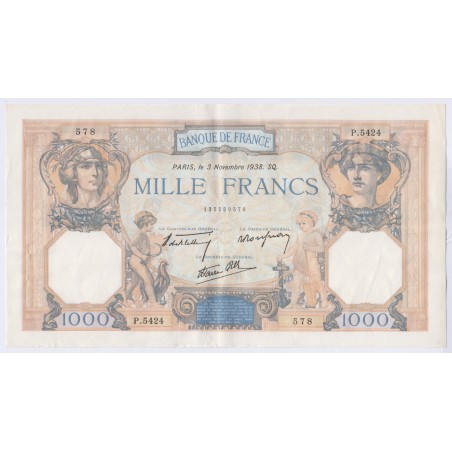 Billet 1000 Francs Cérès et Mercure 3-11-1938 TTB+ L'ART DES GENTS Numismatique Avignon