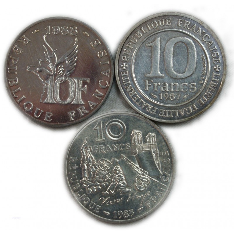 Lot de 3 x 10 Francs argent 1985, 1987, 1988, (2)