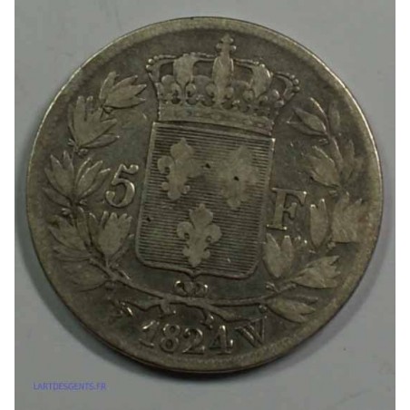 Buste Nu - LOUIS XVIII 5 Francs 1824 W LILLE,TB, lartdesgents.fr