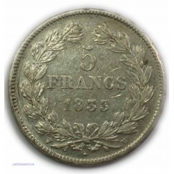 ECU 5 Francs LOUIS PHILIPPE Ier, 1833 W LILLE, TTB