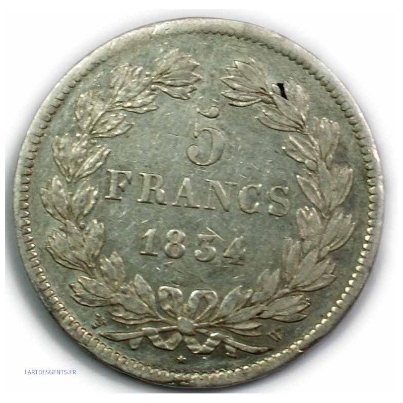 ECU 5 Francs LOUIS PHILIPPE Ier, 1834 W LILLE, TB
