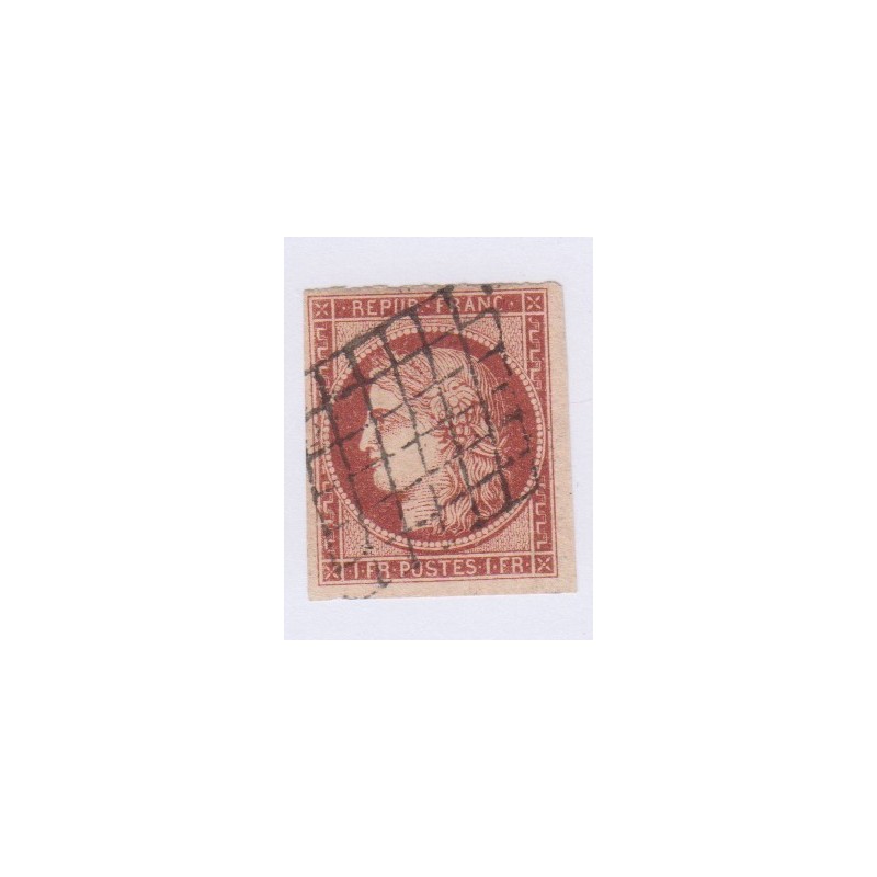 Timbre N°6, 1 fr carmin 1850 oblitéré grille, signé calvès cote 1000 Euros l'art des gents