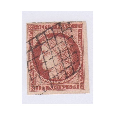 Timbre N°6, 1 fr carmin 1850 oblitéré grille, signé calvès cote 1000 Euros l'art des gents
