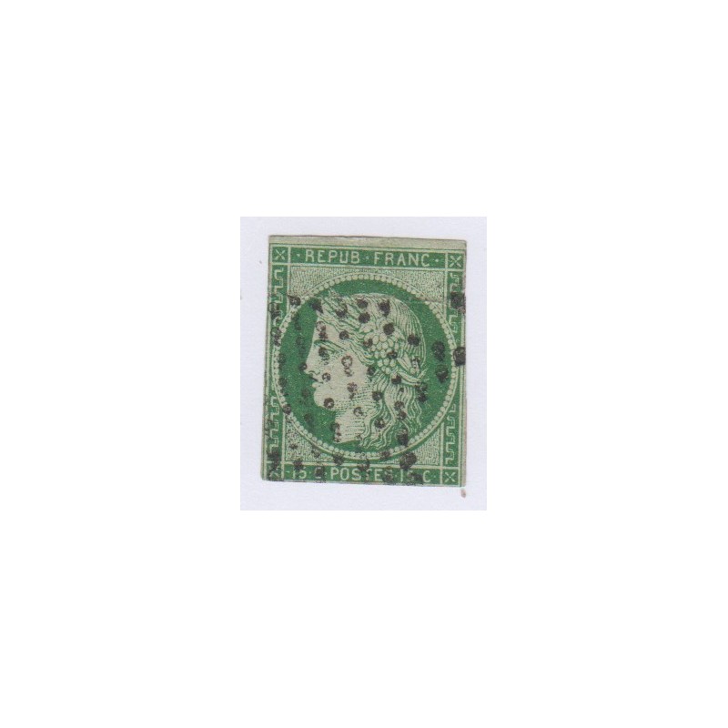Timbre N°2 15 c. vert 1850 oblitéré gros points, cote 1500 Euros l'art des gents
