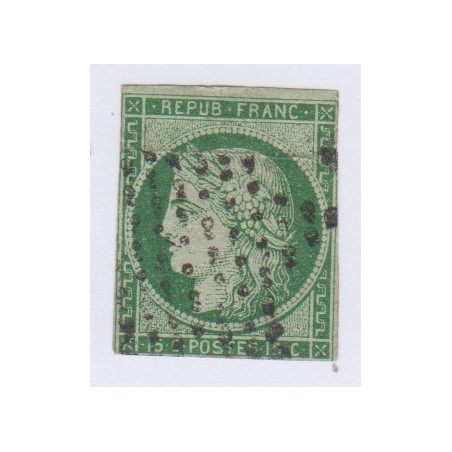 Timbre N°2 15 c. vert 1850 oblitéré gros points, cote 1500 Euros l'art des gents